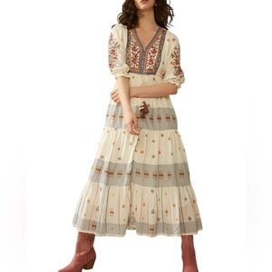 Bohera Kelani Embroidered Maxi Dress M Western Boho Peasant Ethic Cotton